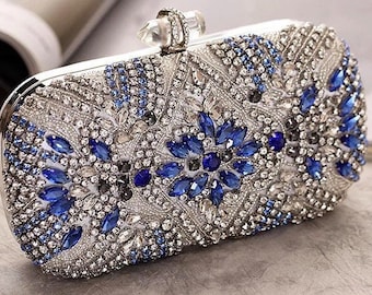 Silver Royal Blue Crystal Floral Leaves Embroidered Wedding Clutch, Statement Bag, Evening Clutch, Wedding Clutch, Cross Body Bag