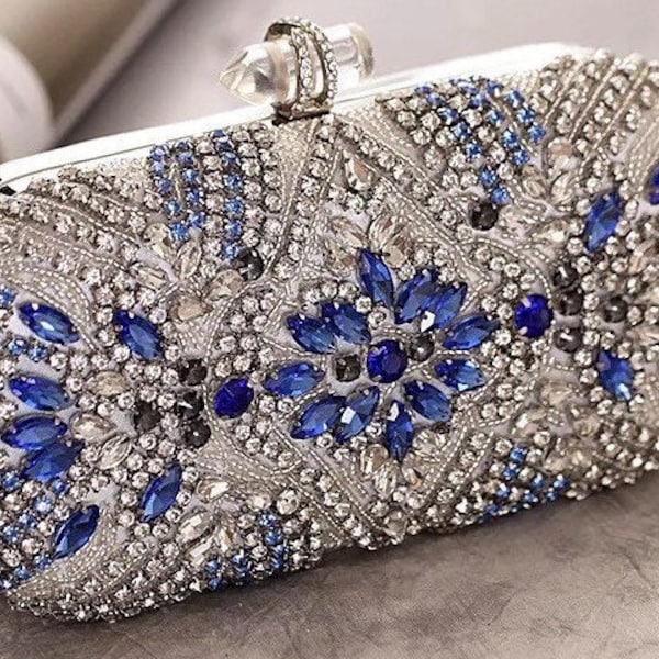 Silver Royal Blue Crystal Floral Leaves Embroidered Wedding Clutch, Statement Bag, Evening Clutch, Wedding Clutch, Cross Body Bag