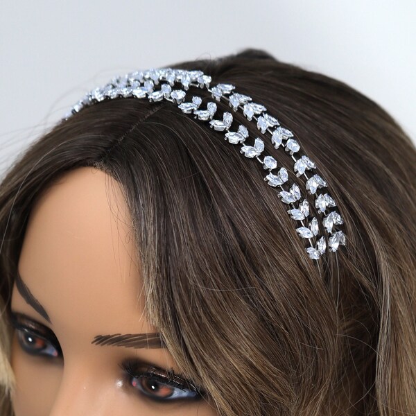 Swarovski Crystals Vine Leaves Two Layer Headpiece, Hair Vine Headband, Bridal Hair Vine, Rhinestone Headband, Delicate Headband.