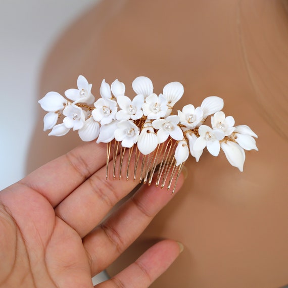 Clip Pettine Per Capelli Donna - Gioiello Sposa Con Fiore Ceramica, Perle Finte E Strass