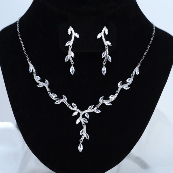 Swarovski Crystal Dainty Leaves Branch Necklace, Long Bridal Jewelry, Bridal Earrings And Necklace, Statement Earrings Cz Necklace Set.