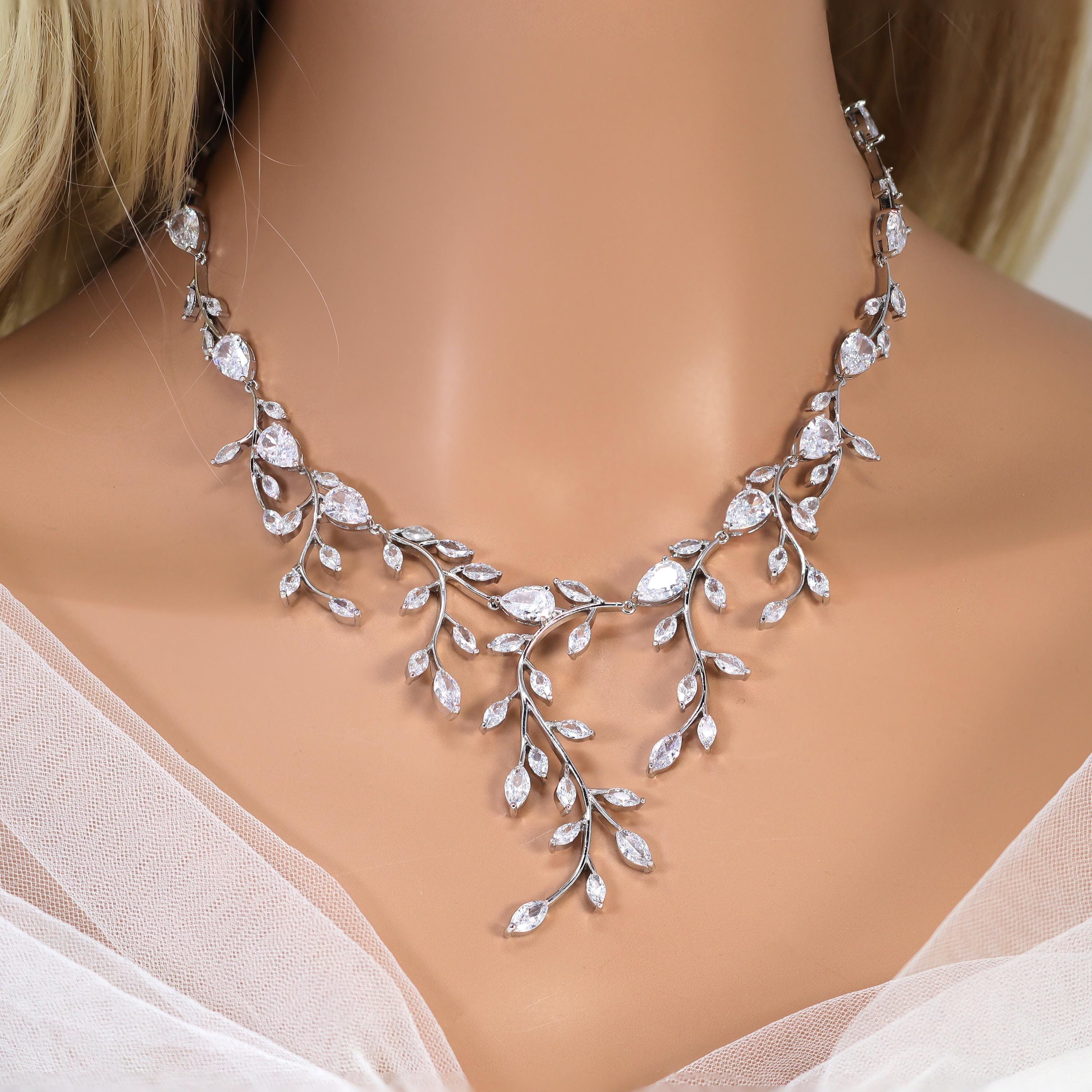 Swarovski Crystal diamond Leafy Elegance Vine Leaves Necklace, Long Bridal Jewelry, Bridal Earrings, CZ Statement Set.