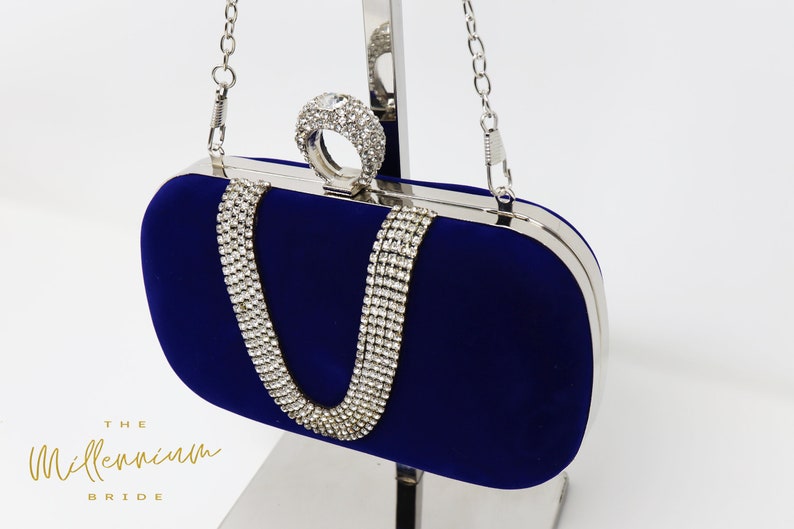 Royal Blue Velvet Crystal Mini Wedding Clutch, Statement Bag, Evening Clutch, Wedding Clutch, Bridal Bag, Blue Cross Body Bag image 5