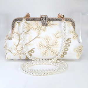 Gold White Lace Beige Embroidered Floral Wedding Clutch, Statement Bag, Evening Clutch, Wedding Clutch, Bridal Clutch, Cross Body Bag