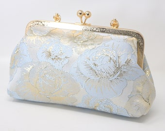 Small Light Blue Shimmering Gold Rose Floral Wedding Bag, Statement Bag, Evening Clutch, Wedding Clutch, Bridal Clutch, White Cross Body Bag
