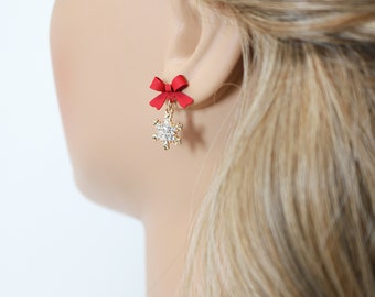 Boucles D'oreille Noël Femme - Motif Flocon De Neige Et Bonhomme De Neige Avec Clochettes - Longueur 6,2 Cm - Pour Fêtes, Soirées - 6
