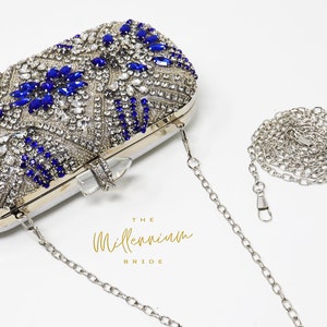 Bolso de mano de boda con bordado floral de hojas y cristales en azul real plateado, bolso de noche, bolso de mano para boda, bolso cruzado