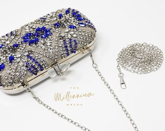 Silver Royal Blue Crystal Floral Leaves Embroidered Wedding Clutch, Statement Bag, Evening Clutch, Wedding Clutch, Cross Body Bag