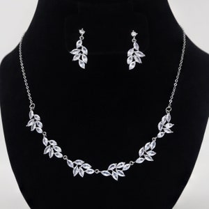 Swarovski Crystal Dainty Vine Leaves Necklace, Long Bridal Jewelry, Bridal Earrings And Necklace, Statement Earrings Cz Necklace Set.