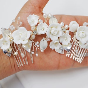 Swarovski Crystals Large Ceramic Flowers & Freshwater Pearls Hair Comb, Bridal Hair piece, Bridal Hair Accessories, Wedding Hair Accessory.