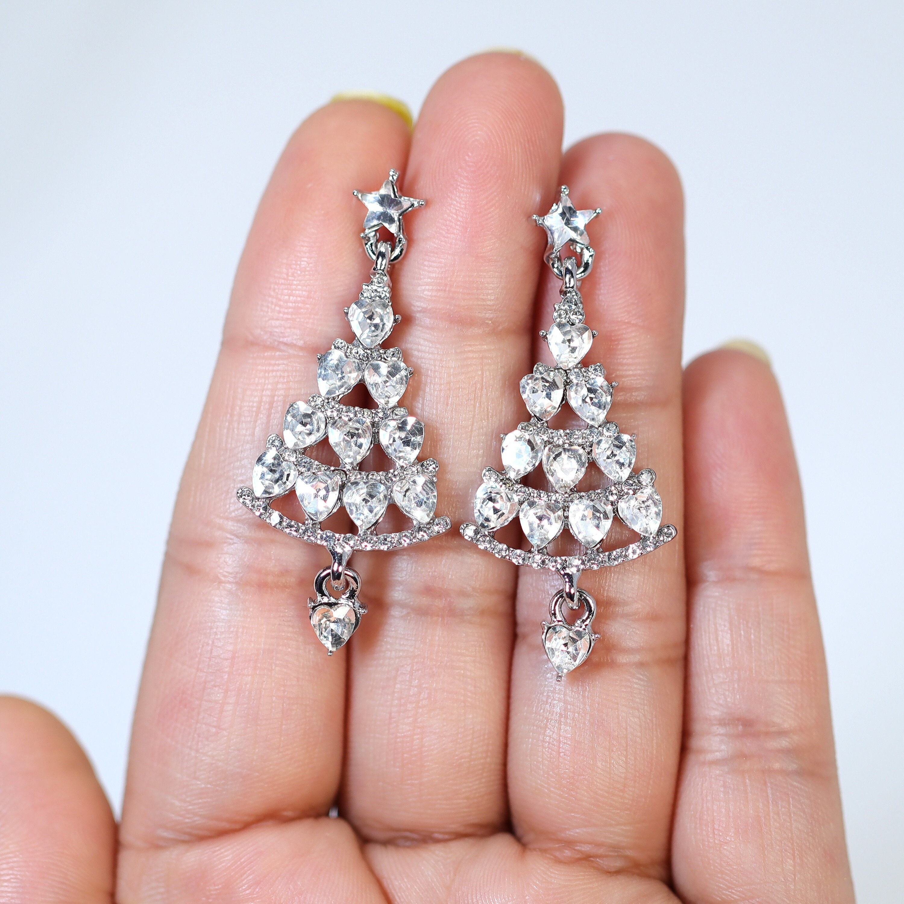 Rhinestone Star Christmas Tree Ornaments Dangle Earrings, Crystal