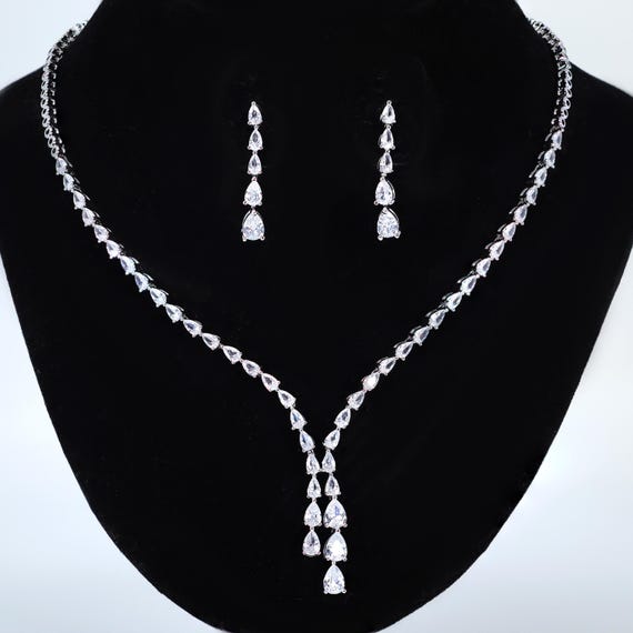 Swarovski Crystals Exquisite Teardrop Necklace and Earrings Set, Long Bridal Earrings and Necklace, Statement Earrings Cz Necklace Set. - Etsy Swarovski Crystals Exquisite Teardrop Necklace and Earrings Set, Long Bridal Earrings and Necklace, Statement Earrings Cz Necklace Set. - Etsy