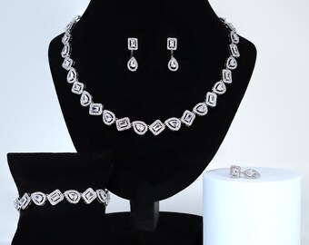 Diamond/ Swarovski Crystal Elegant pear round and princess cut Necklace Set, Long Bridal Jewelry Set, Crystal Bridal Earrings