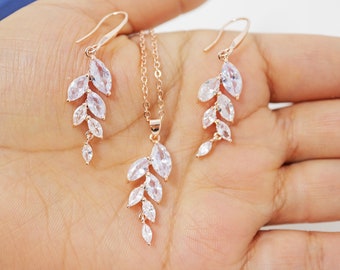 Cubic Zirconia Diamond/ Crystal Leaves, Long Bridal Jewelry, Bridal Earrings And Necklace, Crystal Bridal Earrings, Statement Earrings Cz