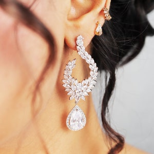 Cubic Zirconia Drop Crystal/Diamond Earrings, Long Bridal Jewelry, Bridal Earrings, Crystal Bridal Earrings, Statement Earrings Cz