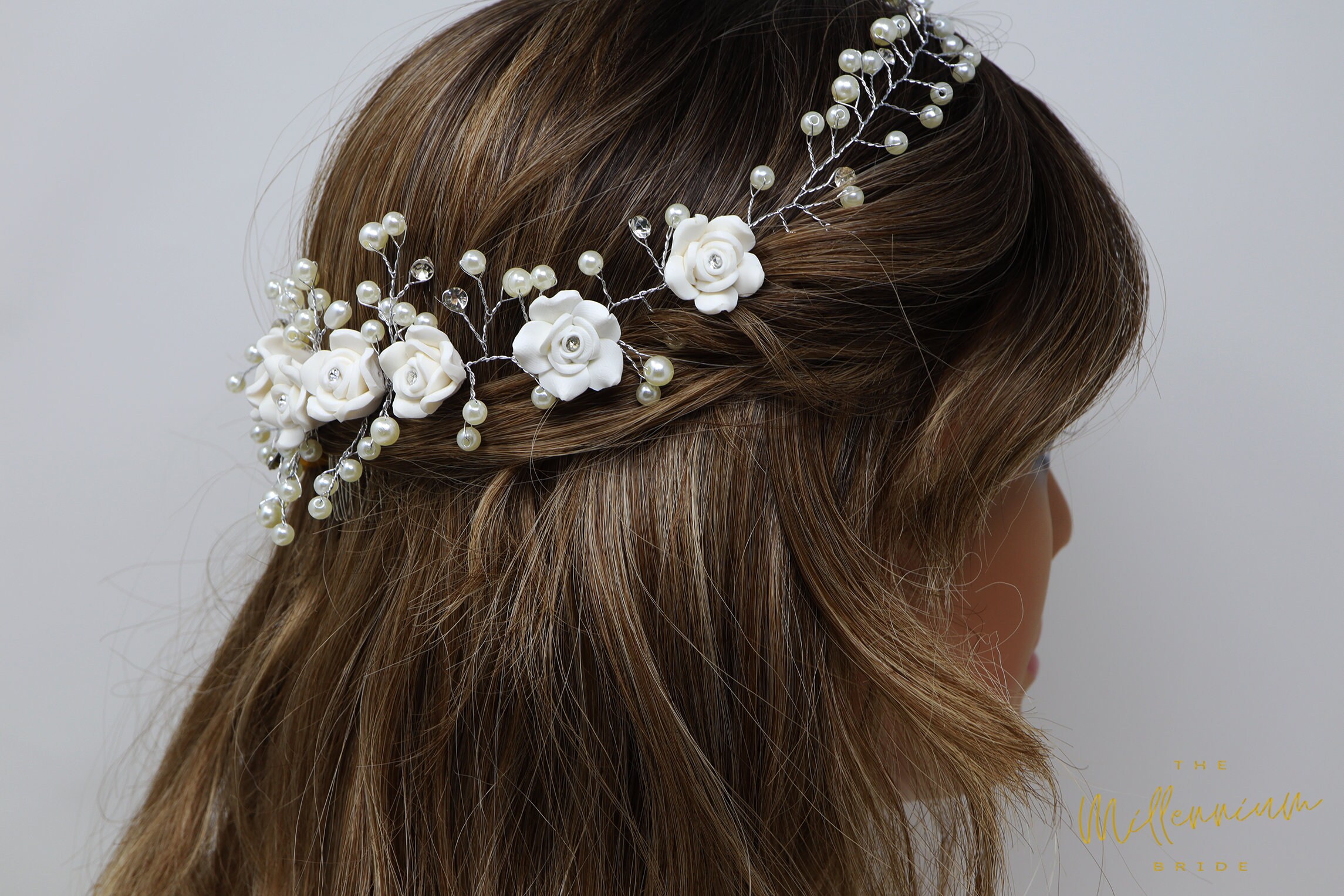 Vintage Maria Elena Headpiece Bridal Pearl & Crystal Flower Hair Comb - White White Ceramic Flowers Crystal & Pearl Hair Comb, Bun Comb  main image 2