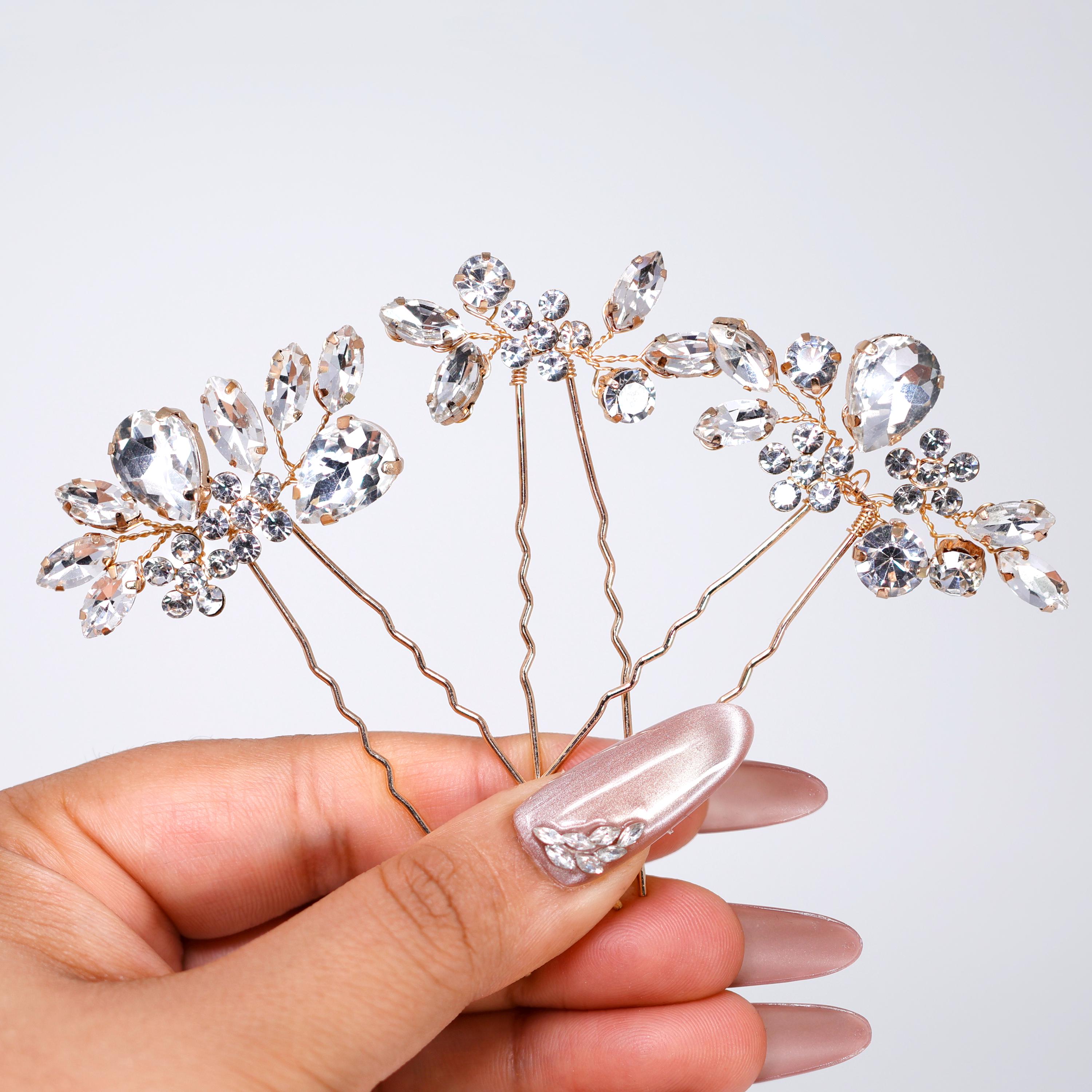 Handmade Pearl Floral Bridal Hair Pin Set, Iridescent Crystal Leaf Wedding Headp Pearl Crystal Flower Bridal Hair Pin - Wedding Hair Jewelry  main image 3