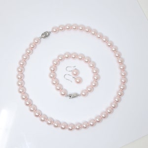 10mm Light Pink Faux Pearl Necklace Earring And Bracelet Set, Bridal Jewelry, Bridal Earrings And Necklace, Statement Earrings Necklace Set.