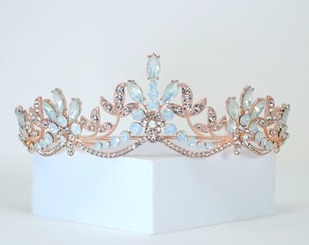 Swarovski Crystal Something Blue Opal Floral Leaves Tiara , Bridal Tiara, Crystal Wedding Tiara, Crystal Wedding Crown, Tiara Bride