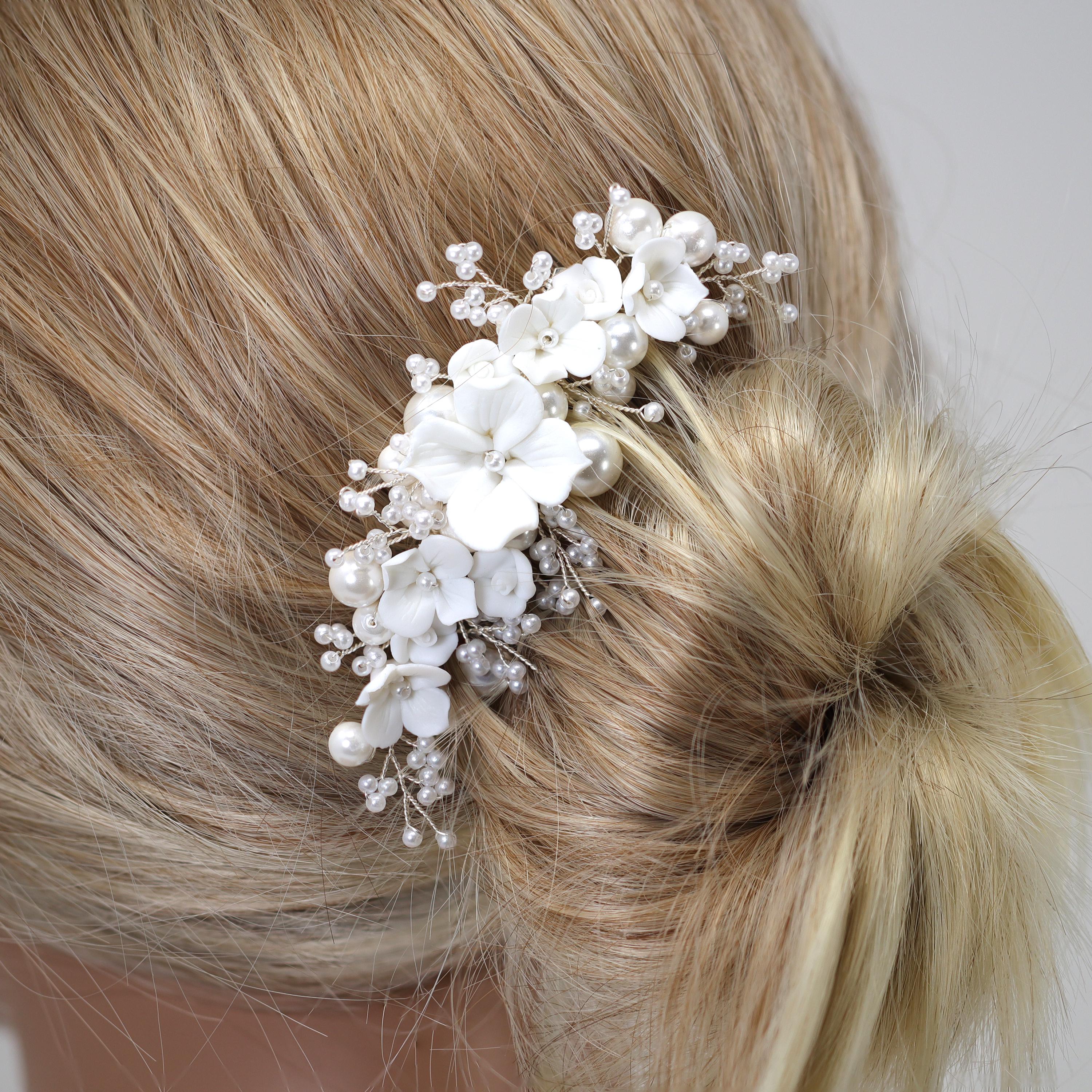 Ceramic White Flower Faux Pearl Hair Comb, Bridal Hair Piece