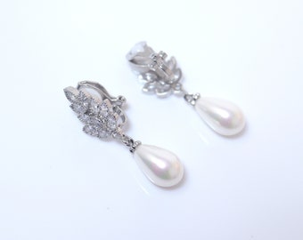 Pearl Adorned Clip-On Bouquet: Floral Pearl Drop Earrings with Elegance, Crystal Bridal Earrings, Statement Earrings Cz