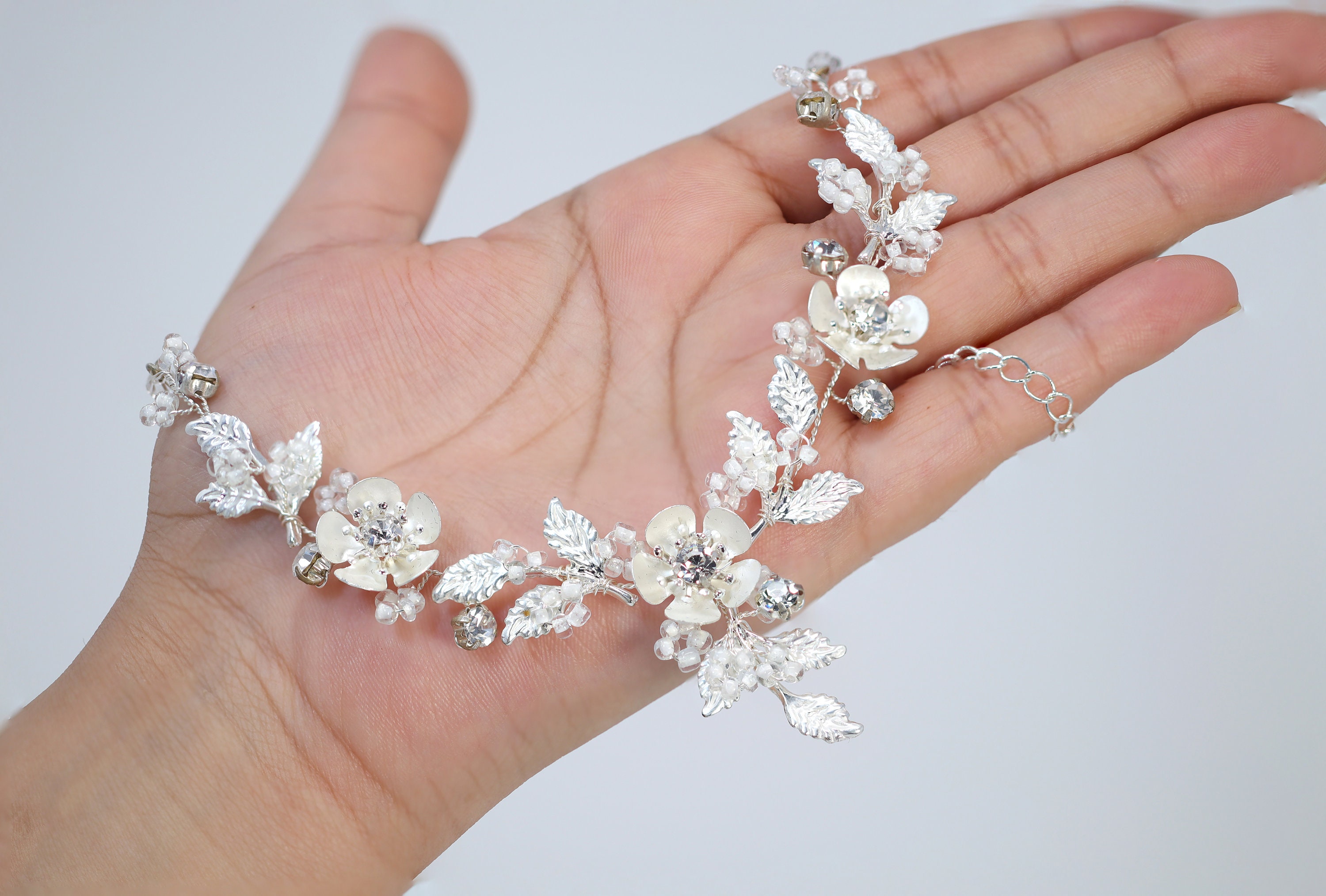 Swarovski Crystal Silver Floral Tiara , Long Bridal Jewelry 