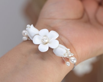 Natural Pearl Ray Of Shine Porcelain Bracelet, Ceramic White Flower Long Bridal Earrings Statement Earrings Cz