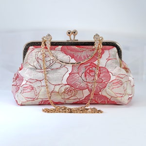 Shimmering Gold Red Rose Floral Wedding Bag, Statement Bag, Evening Clutch, Wedding Clutch, Bridal Clutch, White Cross Body Bag
