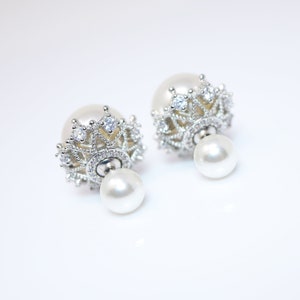 925 Sterling Silver Two In One Crown Pearl Stud Earrings, Bridal Earrings, Statement Earrings, Dainty stud, Minimalist Jewelry.