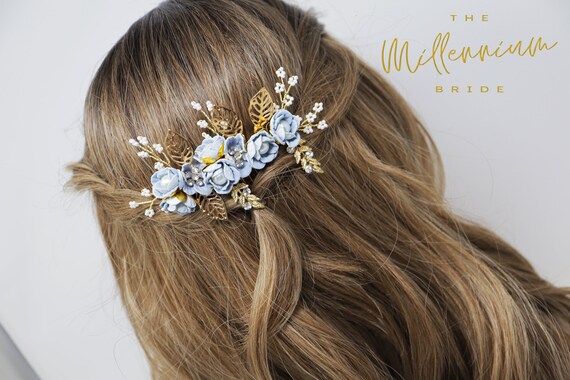 Swarovski Crystals Pearl Light Blue Flower Hair Comb display picture 3