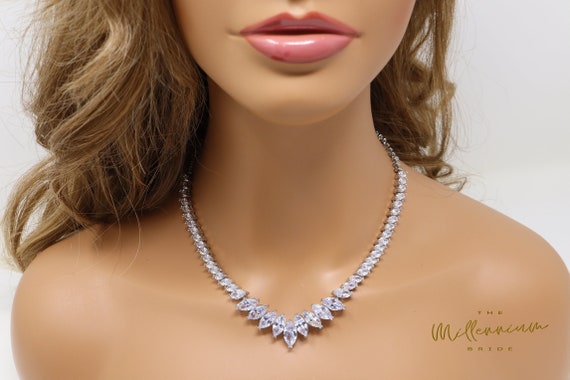 Elegant White Swarovski Crystal Thick V Necklace | Jewellery Stockroom