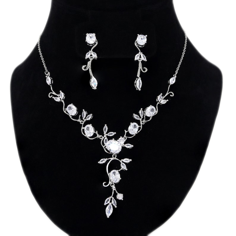 Swarovski Crystal Floral Vine Leaves Necklace, Long Bridal Jewelry, Bridal Earrings And Necklace, Statement Earrings Cz Necklace Set. image 2