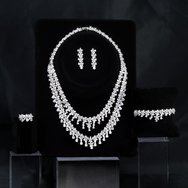 Swarovski Crystal Graceful Twin Strand Elegance Diamond/Crystal Necklace Set, Bridal Necklace Set, Bridal Jewelry, Statement Necklace