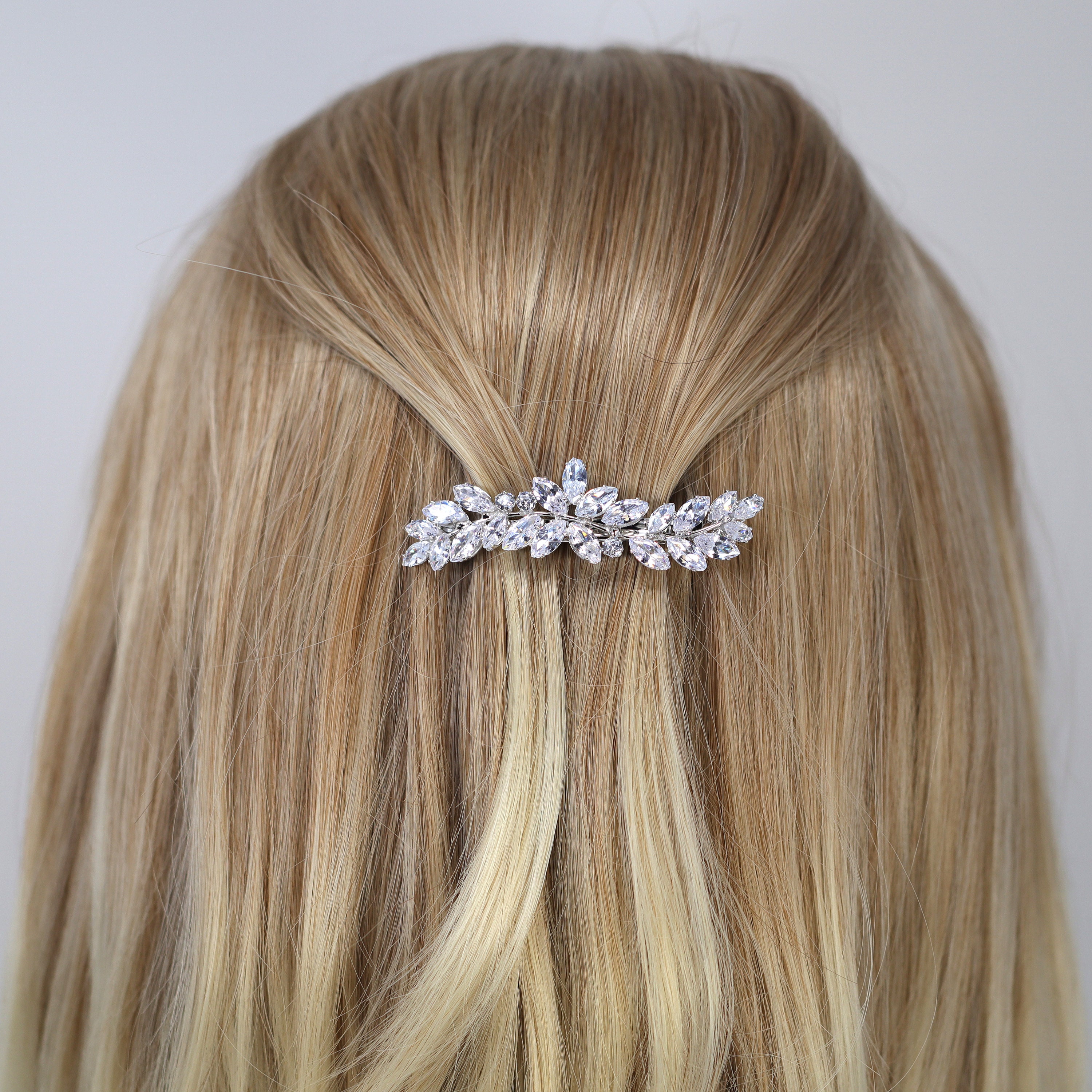 Silver Floral Leaves Wave CZ French Hair Clip, Bridal Hair  display picture 3