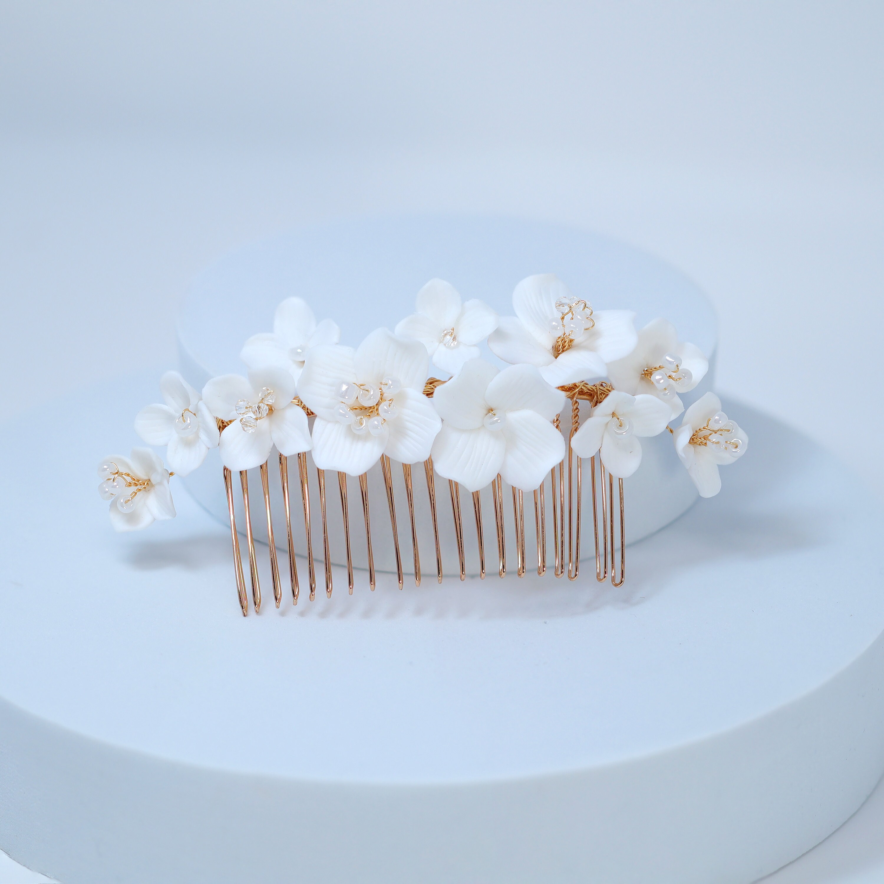 Ceramic White Flowers Pearl Hair Comb, Bridal Gold Finish 