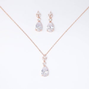 Swarovski Crystal Dainty Rose Gold Leaves Drop Necklace , Bridal Jewelry, Bridal Earrings And Necklace, Statement Earrings Cz, Necklace Set