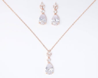 Swarovski Crystal Dainty Rose Gold Leaves Drop Necklace , Bridal Jewelry, Bridal Earrings And Necklace, Statement Earrings Cz, Necklace Set