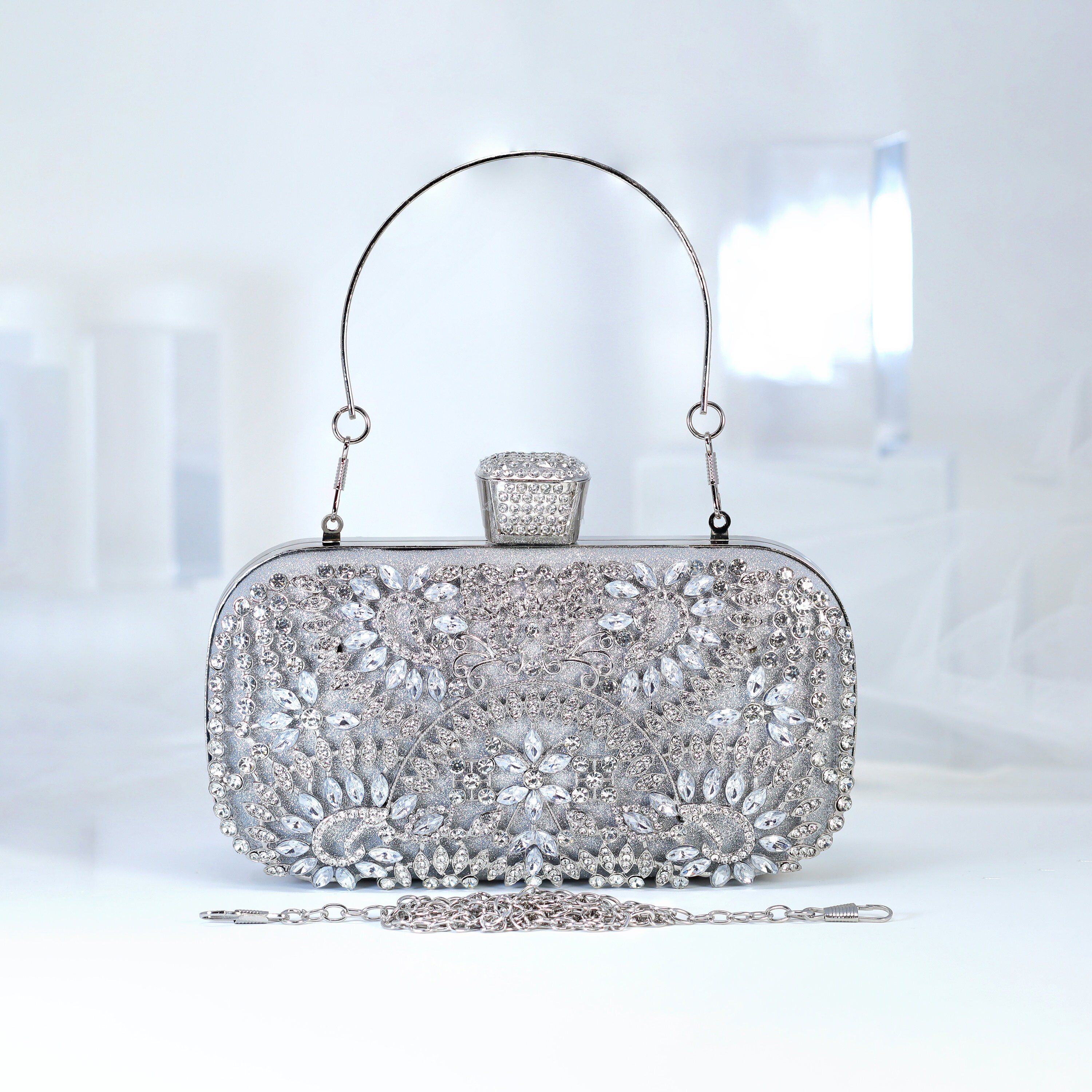 Silver Crystal Floral Leaves Wedding Clutch, Statement Bag, Evening