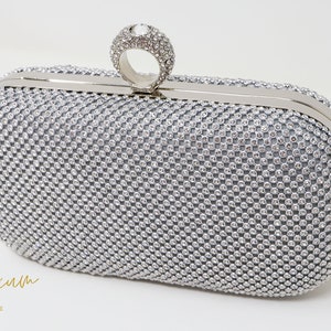 Embrague de boda de cristal plateado, bolso de declaración, embrague de noche, embrague de boda, bolso nupcial, bolso cruzado blanco