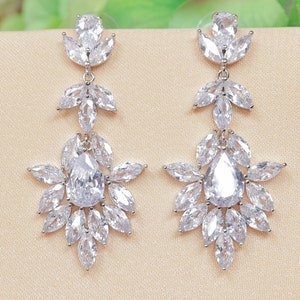 Cubic Zirconia Diamond/Crystal Earrings, Long Bridal Jewelry, Bridal Earrings, Crystal Bridal Earrings, Statement Earrings Cz