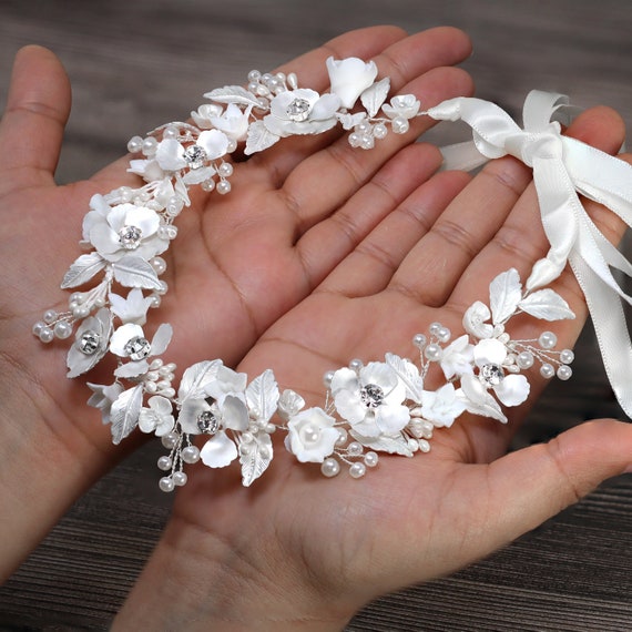 Swarovski Crystal Faux Pearls White Floral Vine Leaves  display picture 3