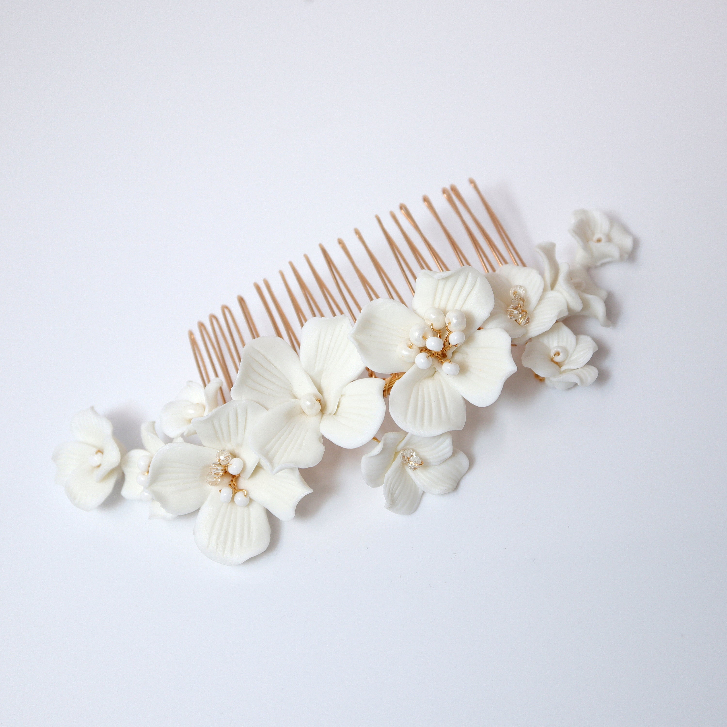 Bridal White Hair Comb Pearl Leaf Ceramic Flower Wedding Accessories Ceramic White Flowers Pearl Hair Comb, Bridal Gold Finish  main image 3