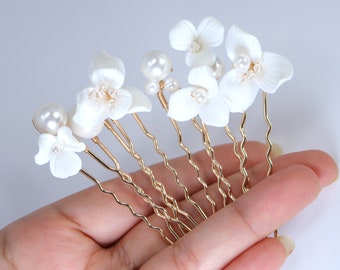 Porcelain White Floral Set Of 6 Pearl Elegance Ensemble Hair Pins Set , Ceramic Hair pins Set, Bridal Hair Accessories