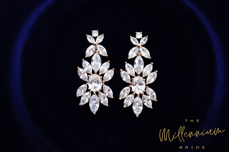 Rose Gold Floral Swarovski Crystal/Diamond earrings Long Bridal Jewelry Bridal Earrings Crystal Bridal Earrings Statement earrings Cz image 1