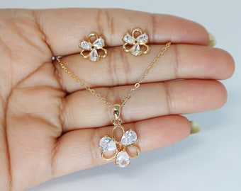 Swarovski Crystal Diamond Flower Bridal Jewelry, Bridesmaid Earrings And Necklace, Crystal Earrings, Maid Of Honor Gift Cz