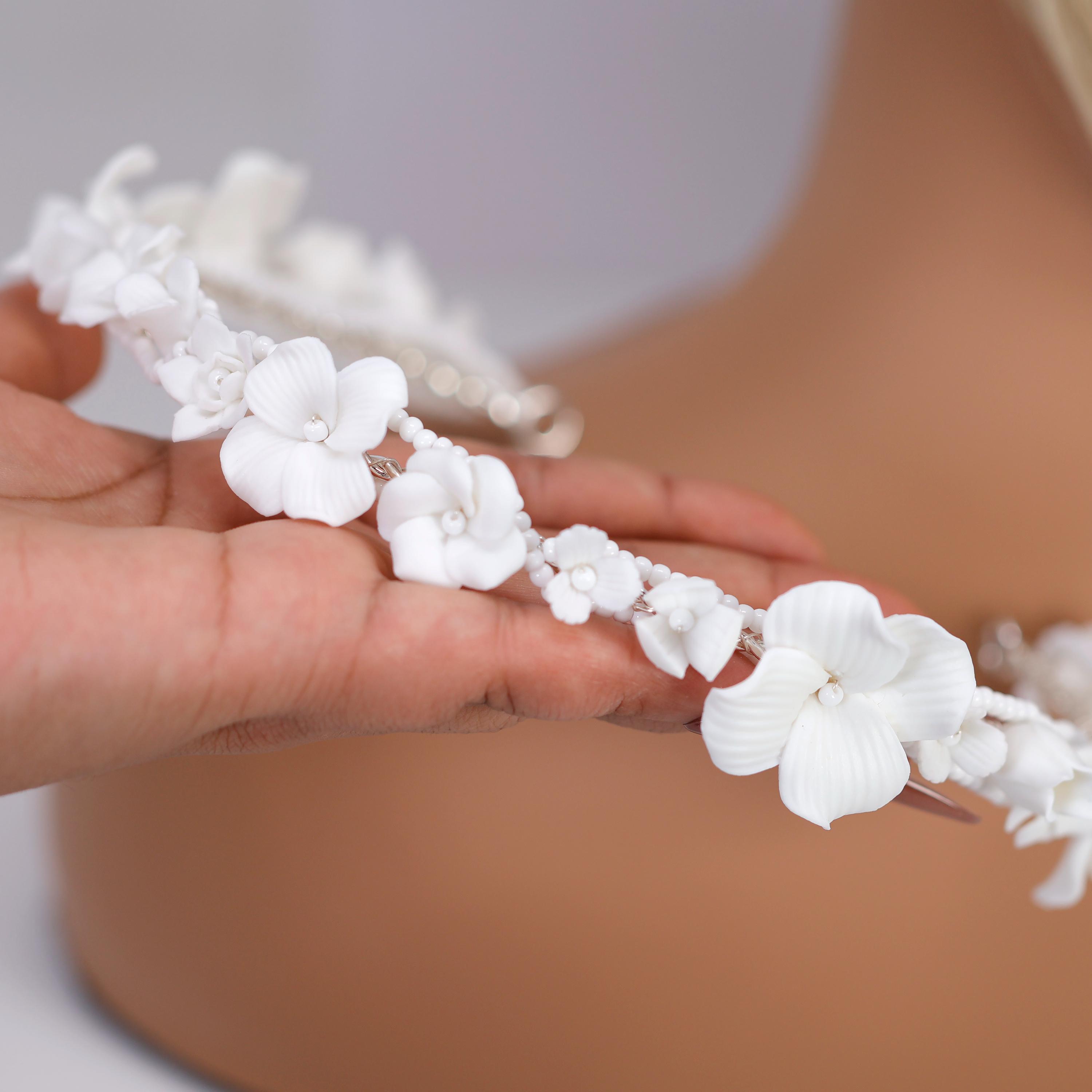 Handmade porcelain flowers, for head piece, wedding decorations, home decoration Ivory and Co Wildflower Ceramic and Pearl Floral Wedding  main image 4