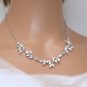 Swarovski Crystals Radiant Leafy Pearl Bridal Necklace Set , Bridal Pearl Drop Earrings And Necklace, Statement Earrings Cz Necklace Set.