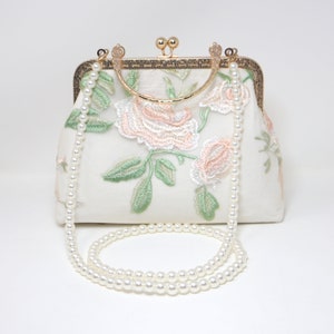 White Embroidered Lace Roses Floral Pearl Wedding Bag, Statement Bag, Evening Clutch, Wedding Clutch, Bridal Clutch, White Cross Body Bag