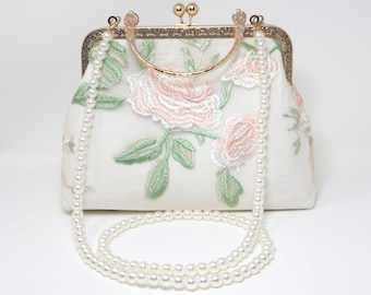 White Embroidered Lace Roses Floral Pearl Wedding Bag, Statement Bag, Evening Clutch, Wedding Clutch, Bridal Clutch, White Cross Body Bag
