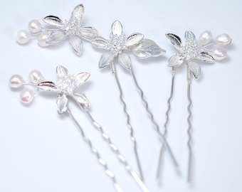 Juego de 3 horquillas para el cabello de novia con forma de flor de jazmín y perlas de agua dulce, con circonitas cúbicas. Accesorios para el cabello de novia. Accesorio para el cabello de boda.